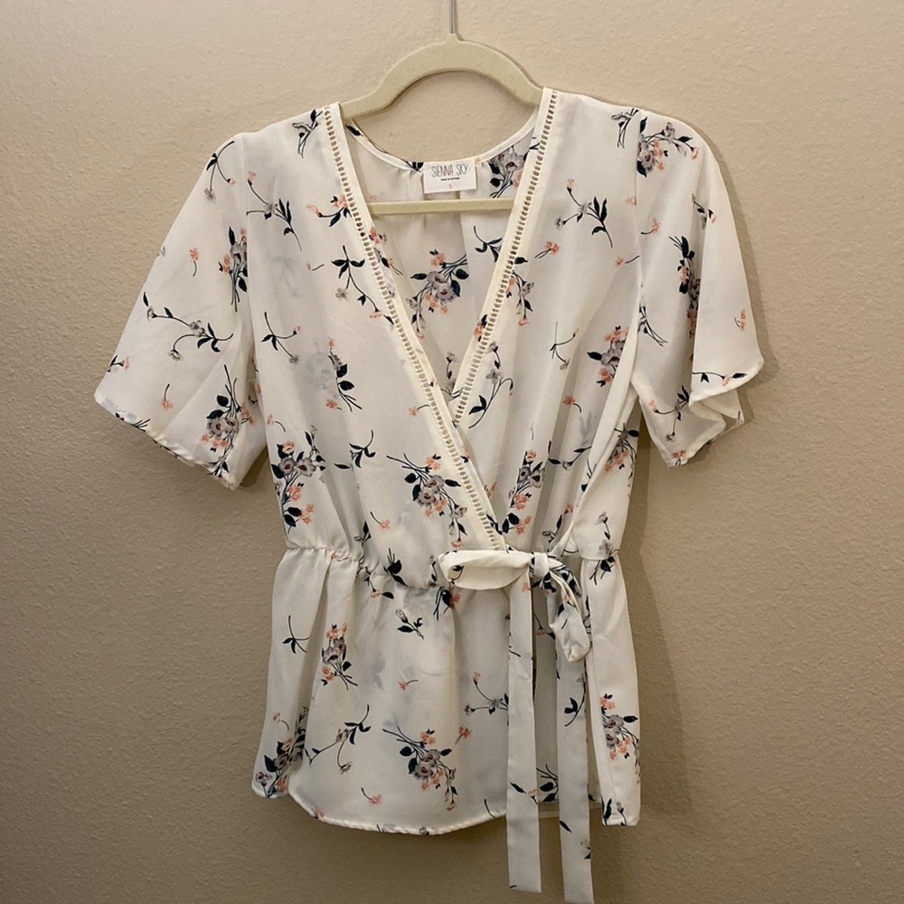 Short Sleeve Floral Wrap Blouse